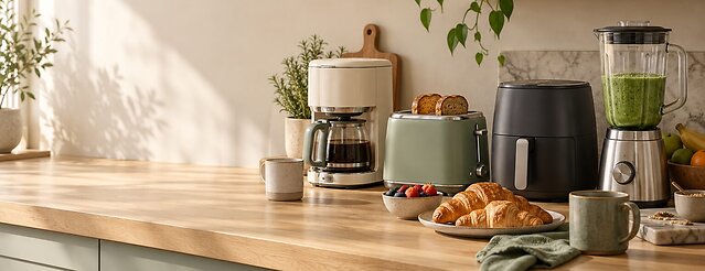 Coffee machine, toaster, air fryer and blender on a sunlit oak worktop with breakfast
