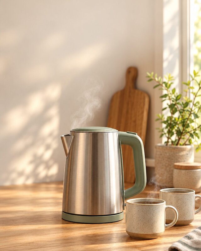 Brushed steel kettle with a sage handle steaming on a sunlit oak worktop beside two mugs