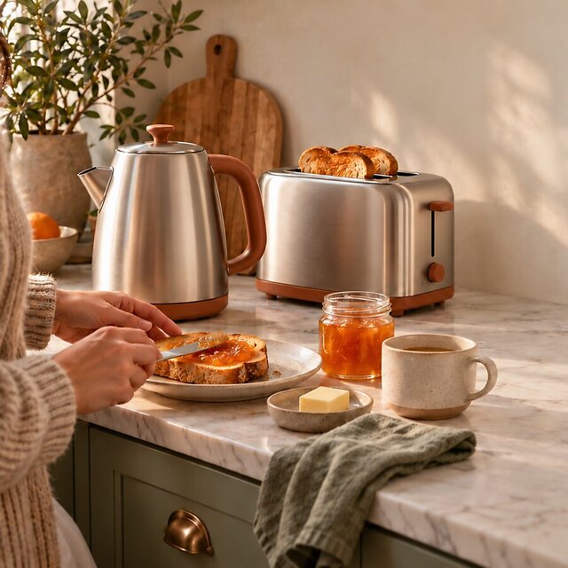 Matching brushed steel kettle and toaster with terracotta accents on a marble worktop at breakfast