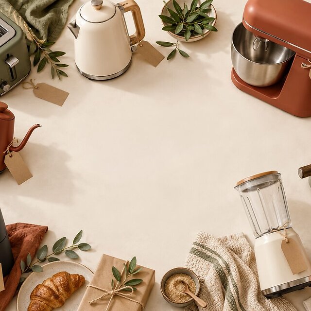 Kettles, toaster, stand mixer, blender and air fryer with gift tags arranged around a cream table