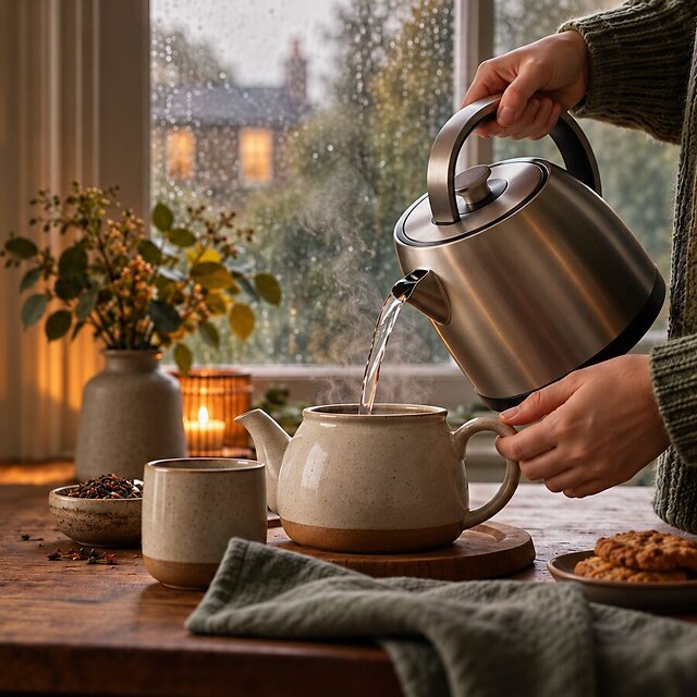 Pouring hot water from a steel kettle into a stoneware teapot by a rainy window